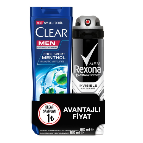 Rexona Men Invisible Black+White Deodorant + Clear Şampuan 180ml Hediyeli