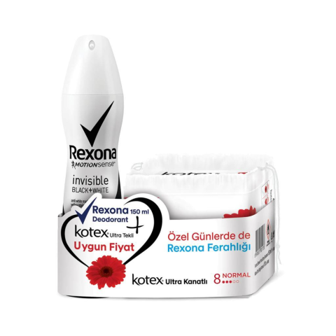Rexona Invisible Black White Kadın Deodorant + Kotex 8'li Ped Hediye