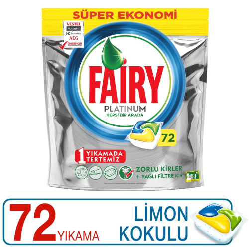 Fairy Platinum 72 Yıkama Bulaşık Makinesi Deterjanı Kapsülü Tableti Limon Kokulu