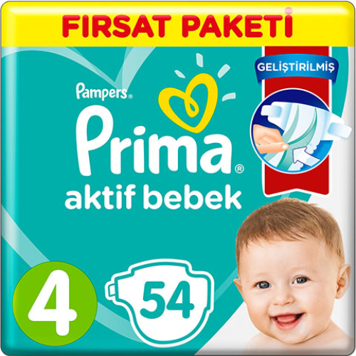 Prima Bebek Bezi Aktif Bebek 4 Beden 54 Adet Maxi Fırsat Paketi