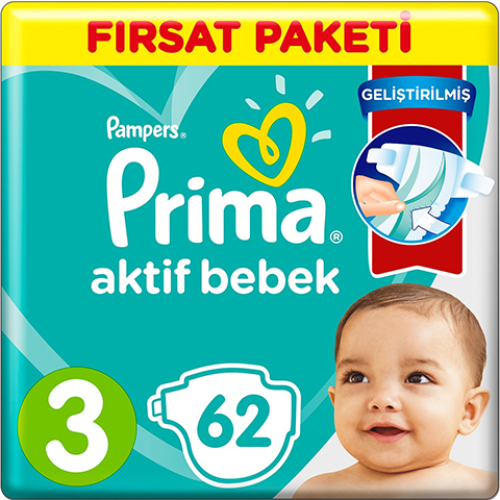 Prima Bebek Bezi Aktif Bebek 3 Beden 62 Adet Midi Fırsat Paketi